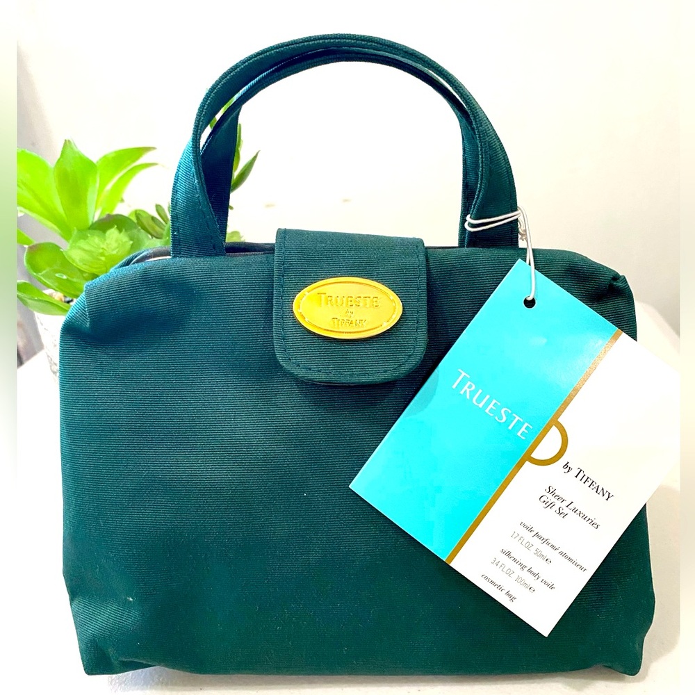 Tiffany & Co Trueste NWT Cosmetic Bag Hunter Green with Gold Hardware